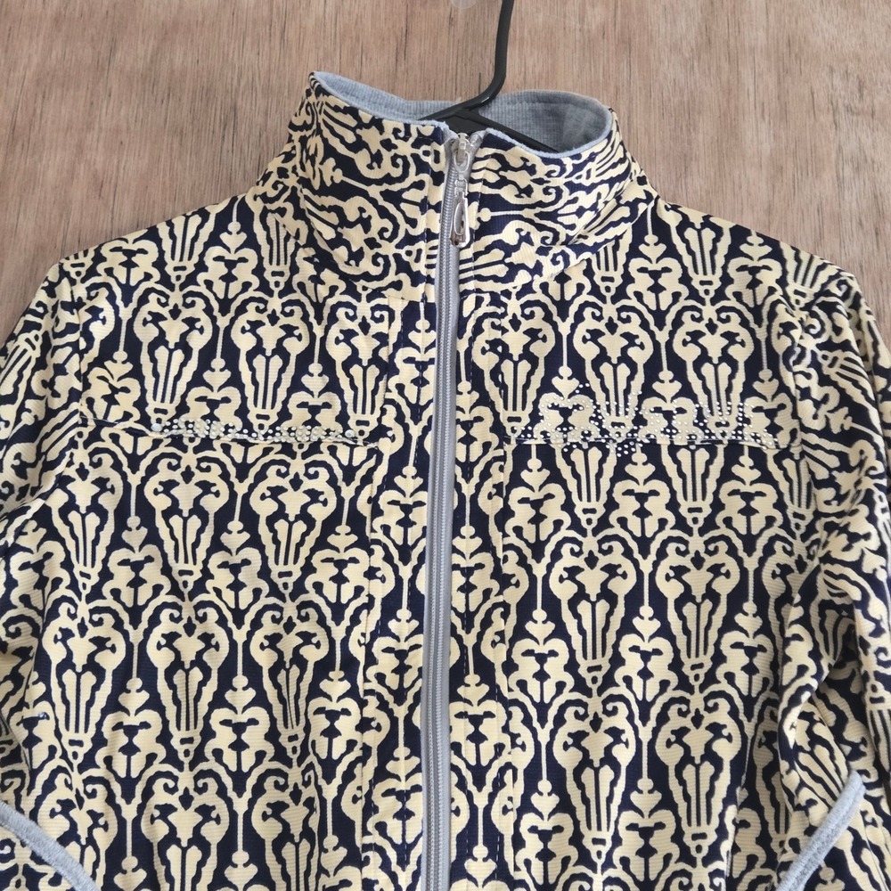 Yellow Navy Damask Print Full Zip Track Jacket Rhinestone Accents Size Medium